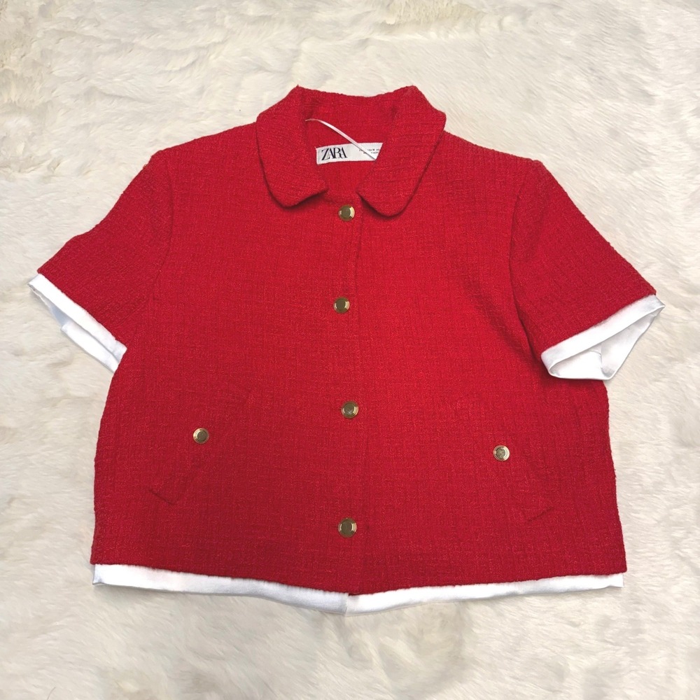 Zara Red Textured Tweed Cropped Jacket‎ Medium Old Money Preppy Parisian Classic